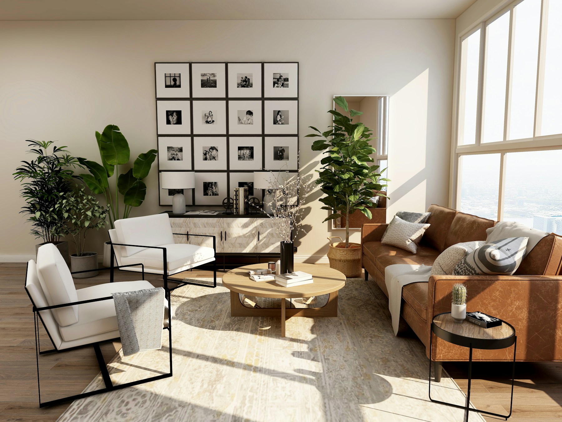 Illustrative bright living room with comfortable seating and natural light